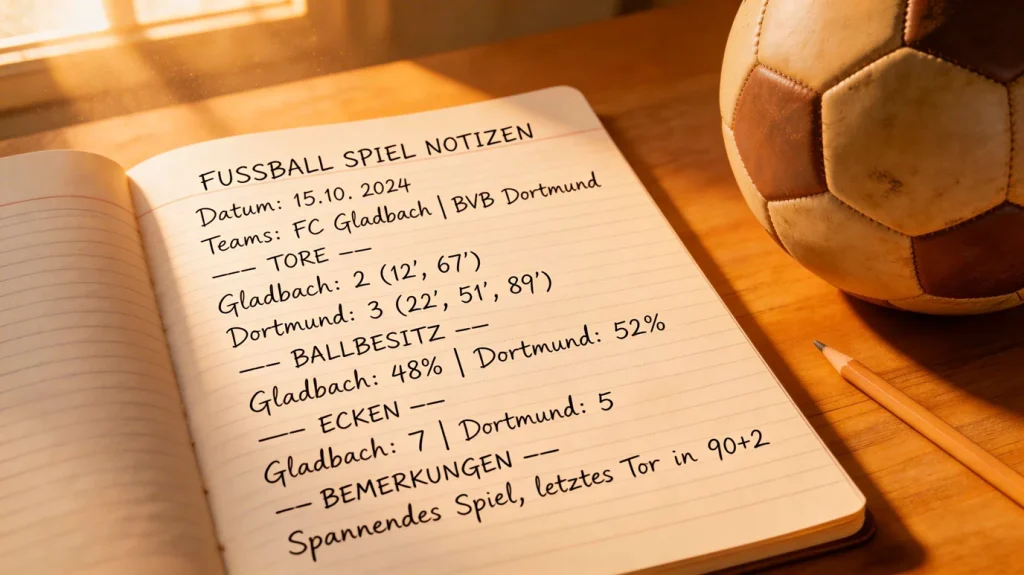 Offenes Notizbuch mit Stift und Fußball auf Schreibtisch