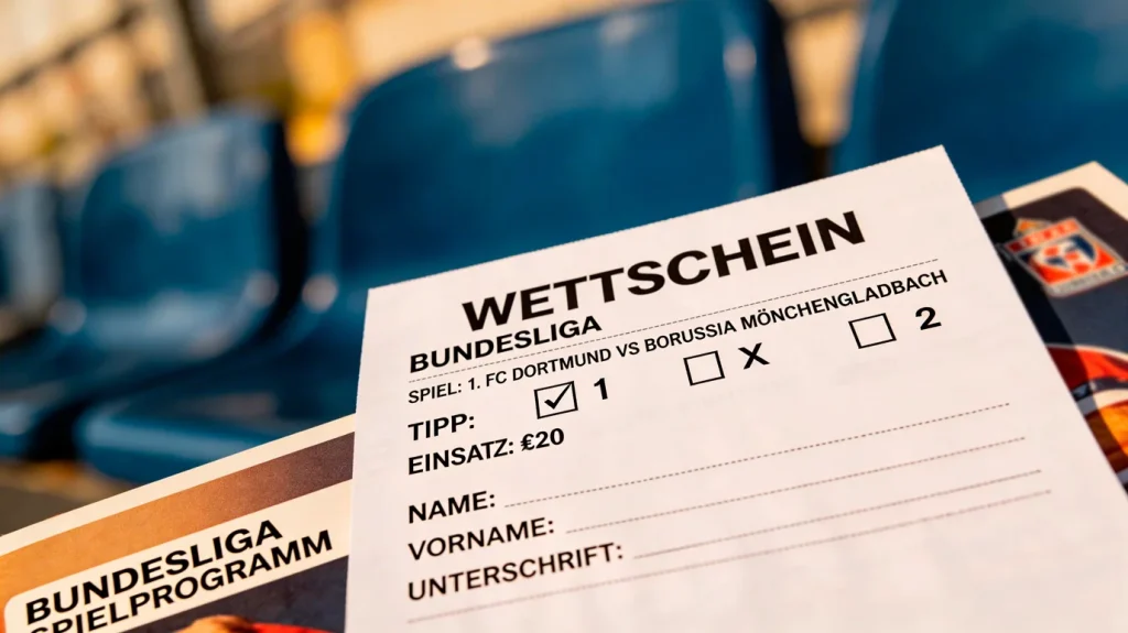 Einzelner Wettschein vor Bundesliga-Spielfeld