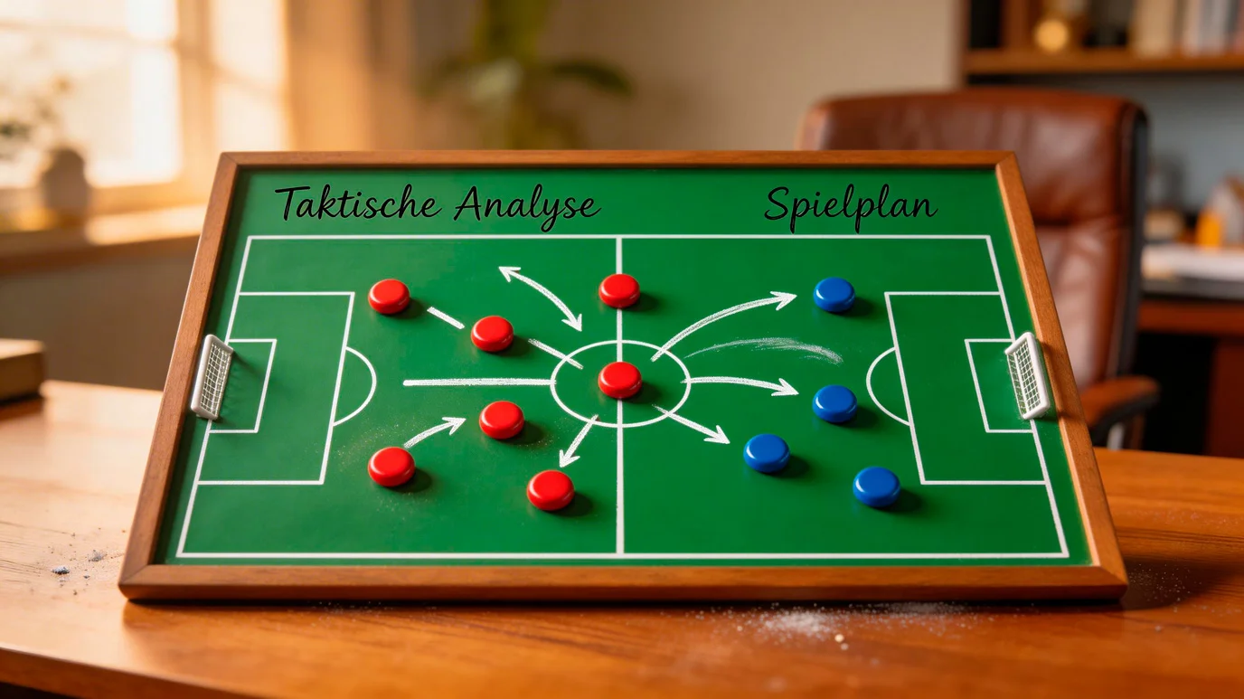 Taktiktafel mit eingezeichneten Schusspositionen und xG-Werten für ein Fußballspiel