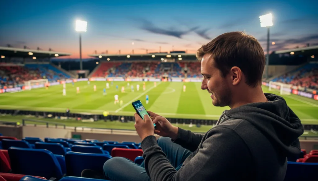 Smartphone mit Wett-App in einer Hand vor Stadion