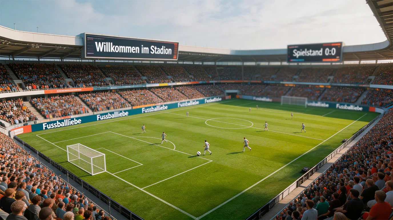 Panorama eines Fußballstadions bei einem Bundesliga-Spiel mit Fans auf den Rängen