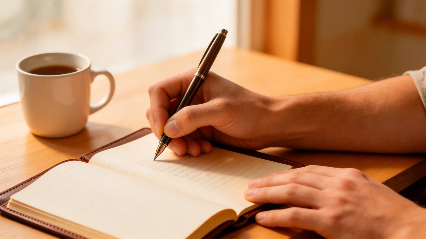 Person sitzt konzentriert am Schreibtisch und macht Notizen mit einem Stift neben einer Tasse Kaffee
