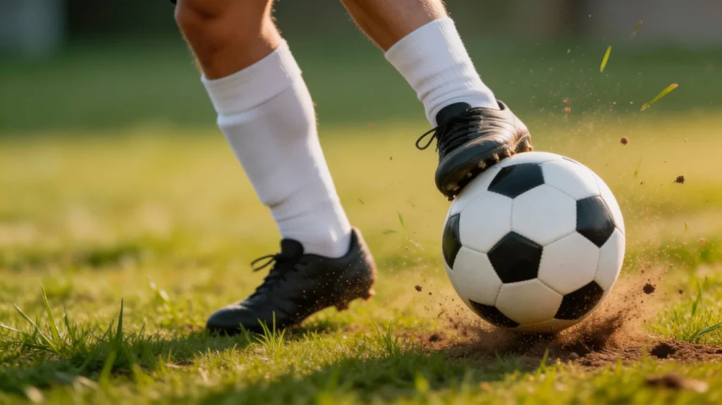 Fußballspieler-Silhouette vor Tor mit Jubel-Pose