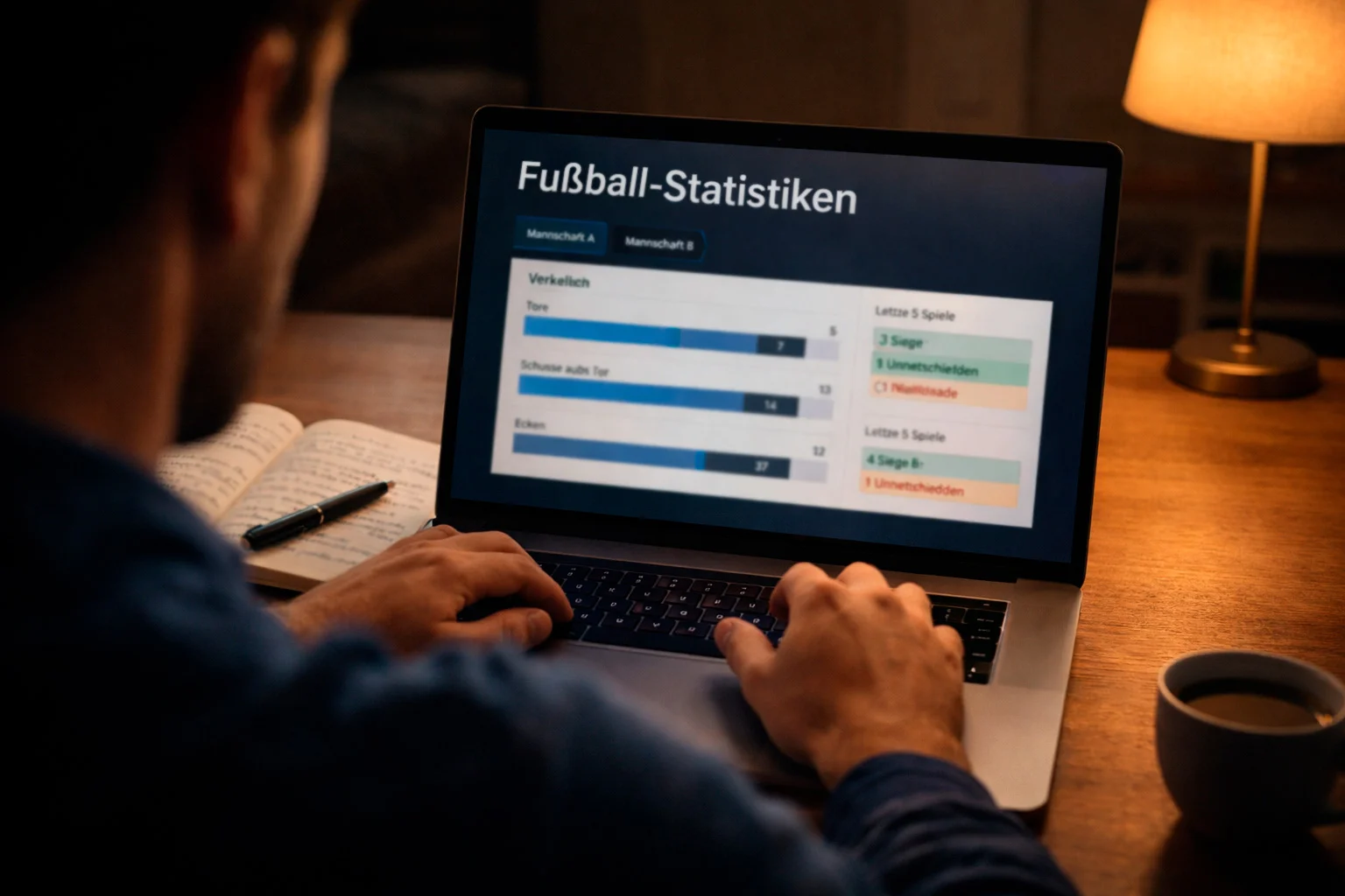 Nahaufnahme eines Laptops mit Fußballstatistiken und Quotenvergleich auf dem Bildschirm
