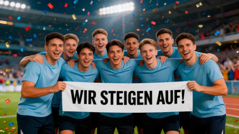 Jubelnde Mannschaft mit Aufstiegs-Banner im Stadion